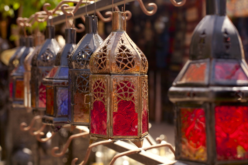 Moroccan glass and metal lanterns lamps in Marrakesh souq